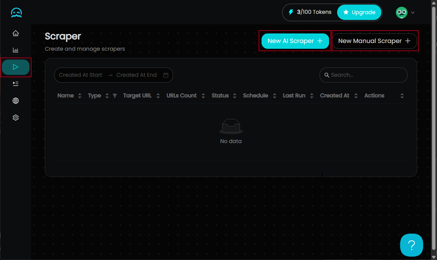 Click New AI Scraper or Manual Scraper