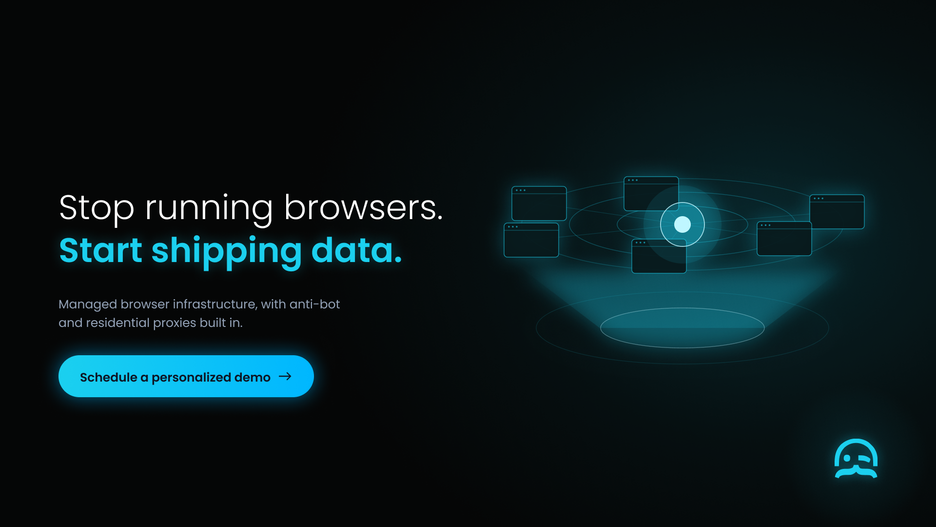 Holographic browser windows orbit a single glowing managed API core above a projector pad.