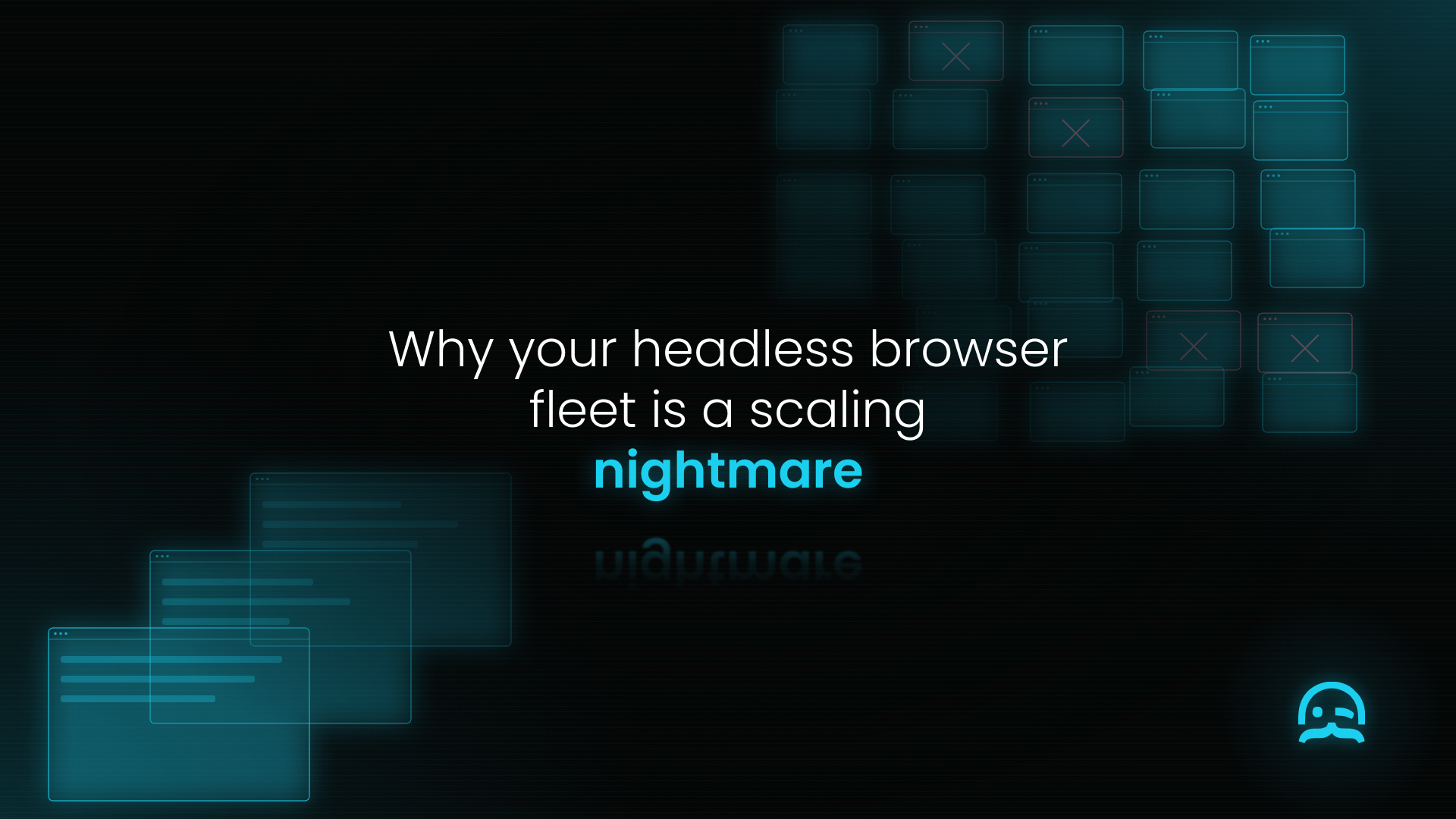 A few holographic browser windows multiply into a sprawling fleet, several of them blocked.