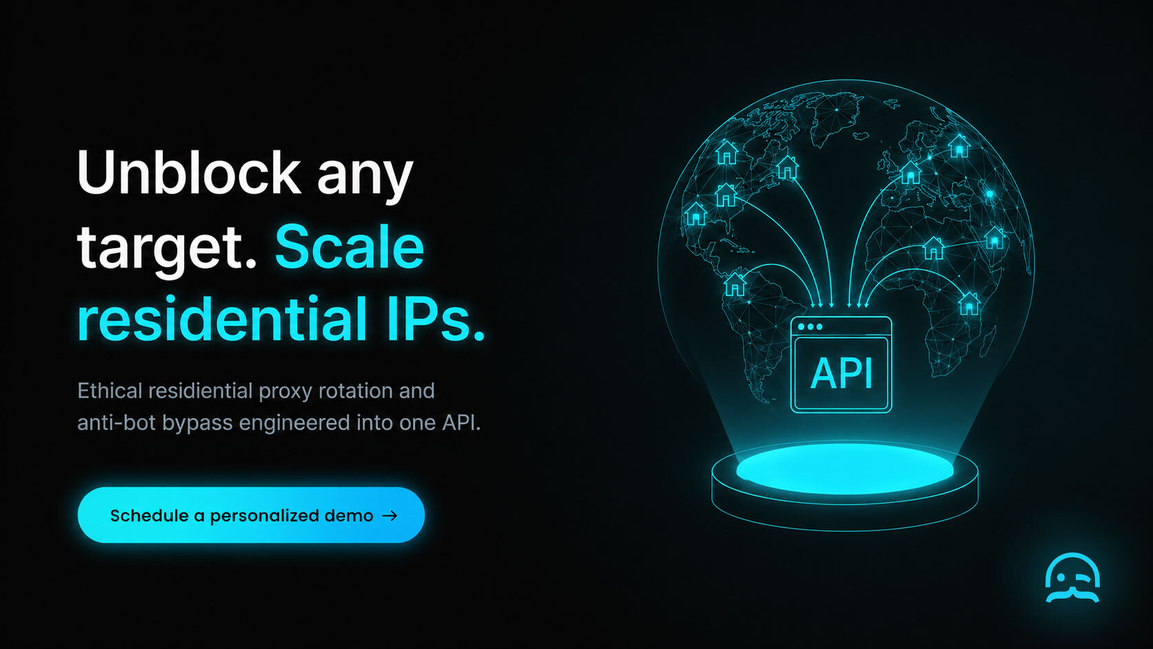 A global mesh of glowing cyan residential IP nodes routing undetected extraction requests through a central API.