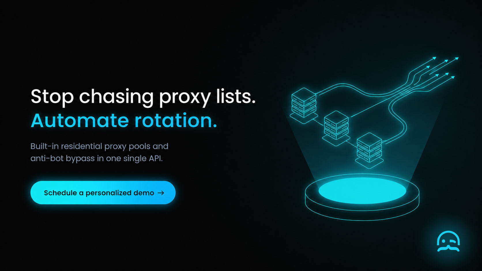 A tangled maze of failing public proxy nodes replaced by a single glowing cyan residential proxy pipeline.