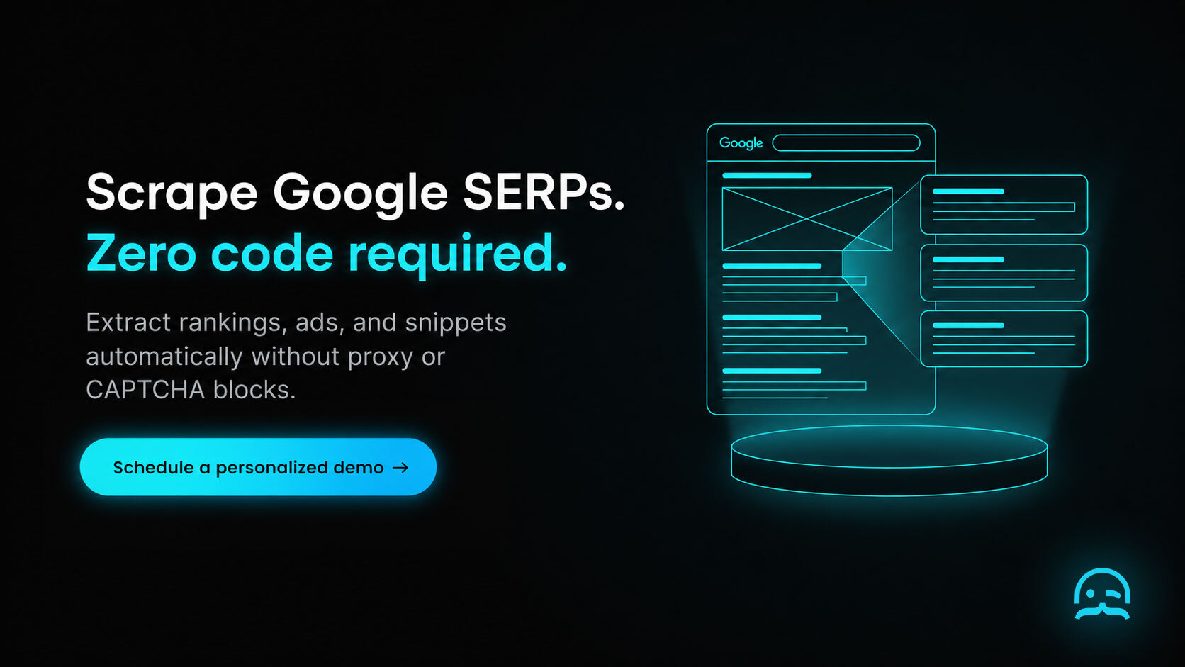 A Google search result wireframe expanding into structured ranking records over a glowing cyan pedestal pad.