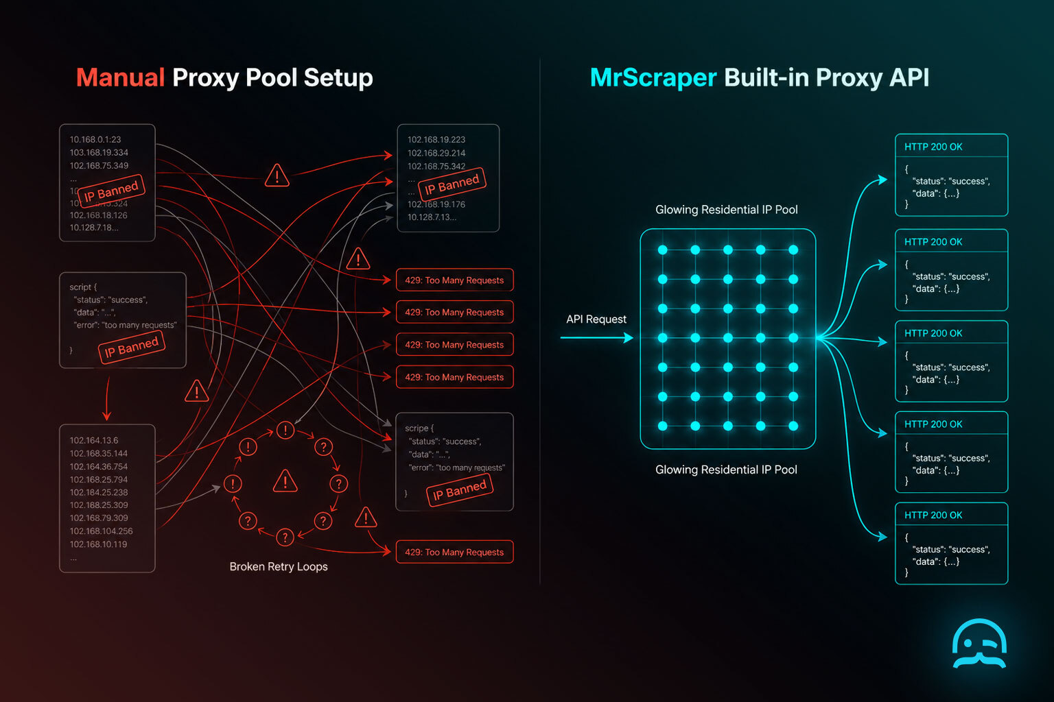 A comparison infographic contrasting manual proxy pool maintenance with MrScraper's built-in residential proxy API routing.