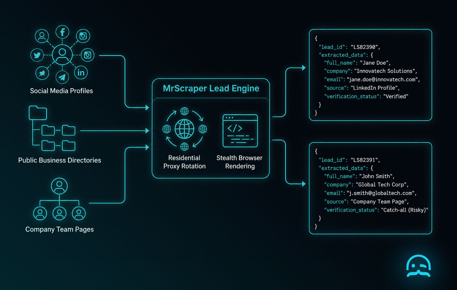 A technical architecture diagram showing automated email and social media lead extraction streaming into structured profile JSON objects.