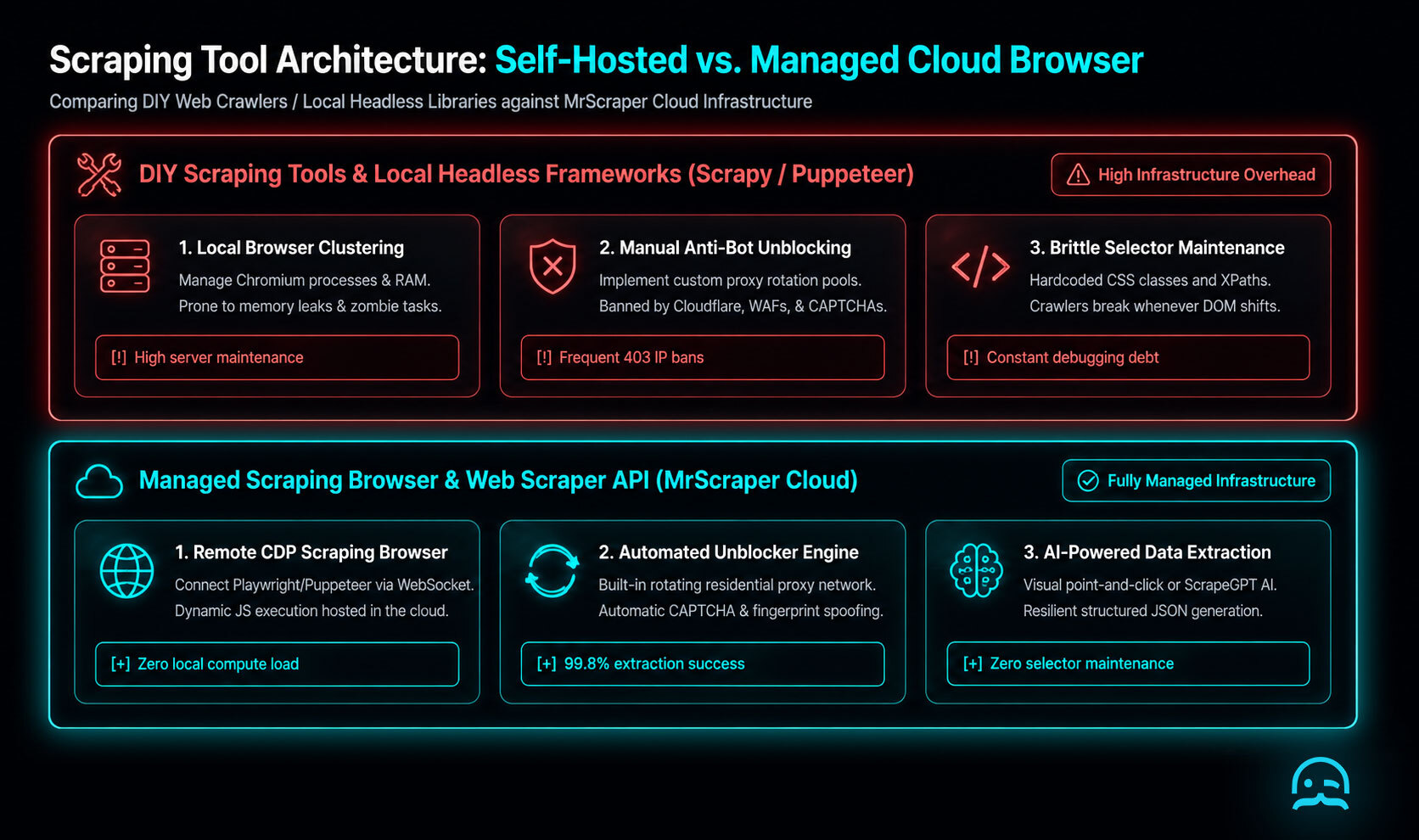 A comparison architecture diagram showing DIY scraping tools and local headless browser frameworks with high maintenance on the left versus MrScraper managed cloud scraping browser with remote CDP integration and automated anti-bot bypass on the right.