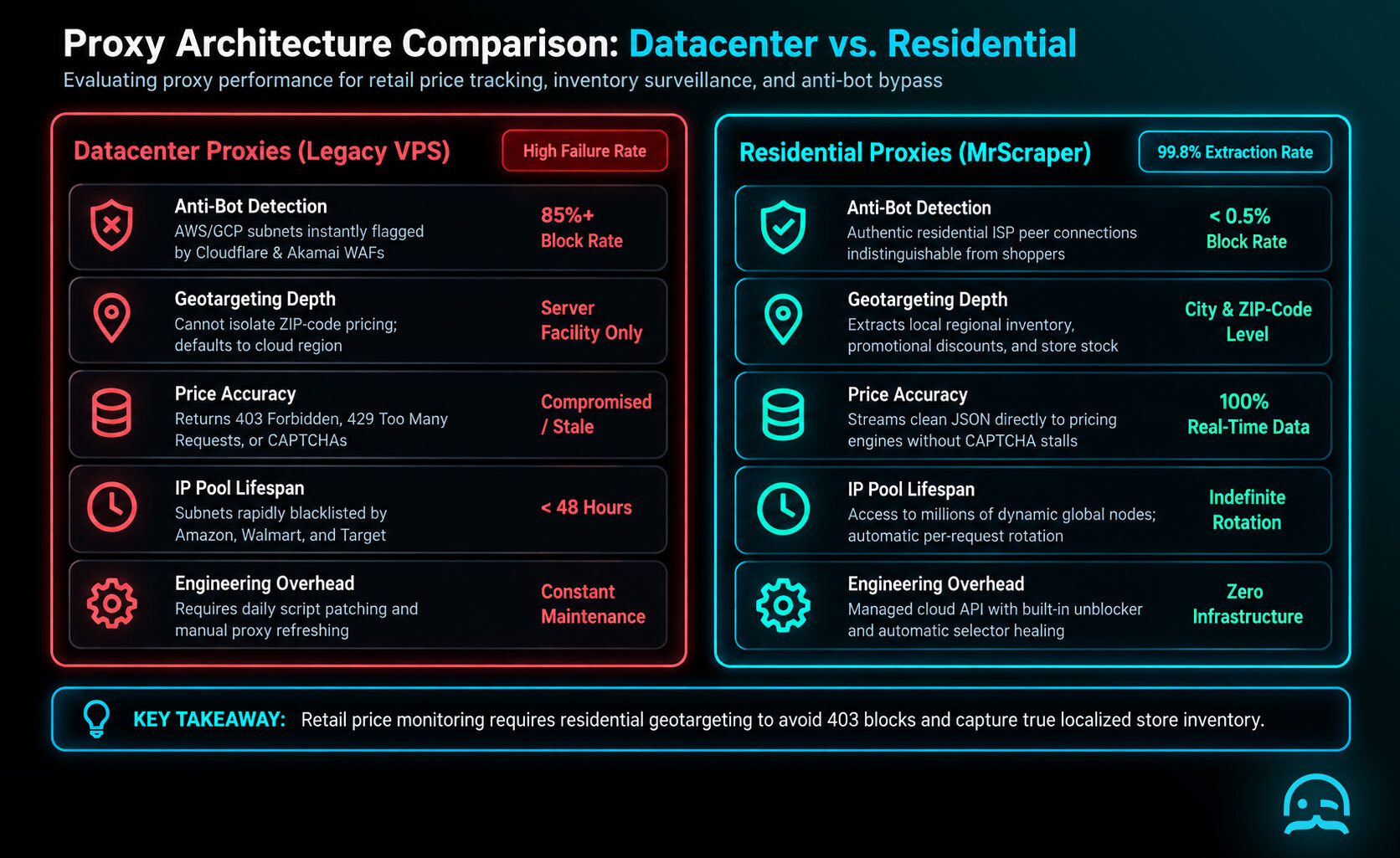 Visual comparison infographic contrasting datacenter proxies against residential proxies for retail e-commerce price monitoring, showing anti-bot bypass and precise regional geotargeting.