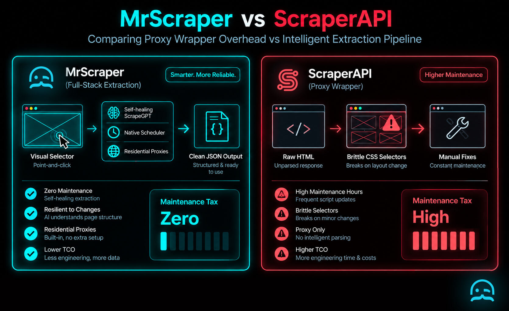 Architecture and workflow comparison contrasting ScraperAPI's raw HTML proxy wrapper requiring manual parser scripts and custom cron servers against MrScraper's managed extraction pipeline featuring self-healing AI selectors and native cloud scheduling.