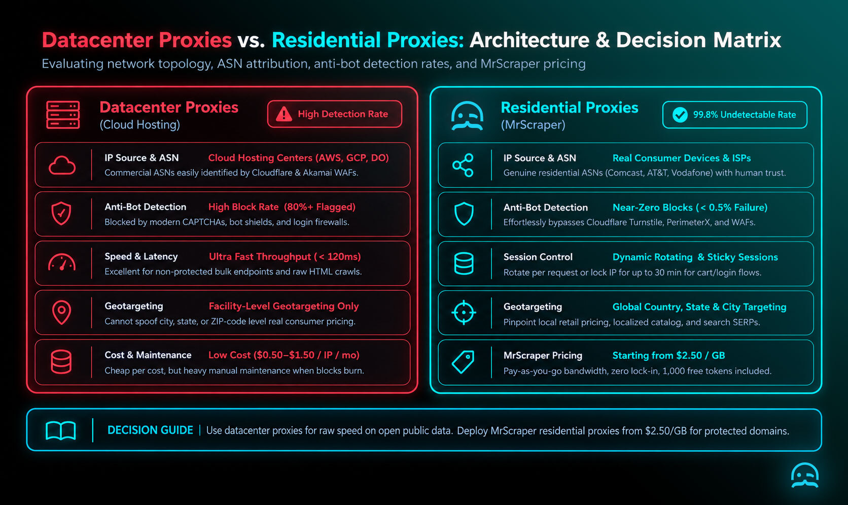 A comparative architecture matrix and decision guide contrasting datacenter proxies on commercial cloud ASNs with high detection rates against MrScraper residential proxies featuring genuine ISP ASNs, 99.8% undetectable success rate, and transparent pricing from $2.50 per GB.
