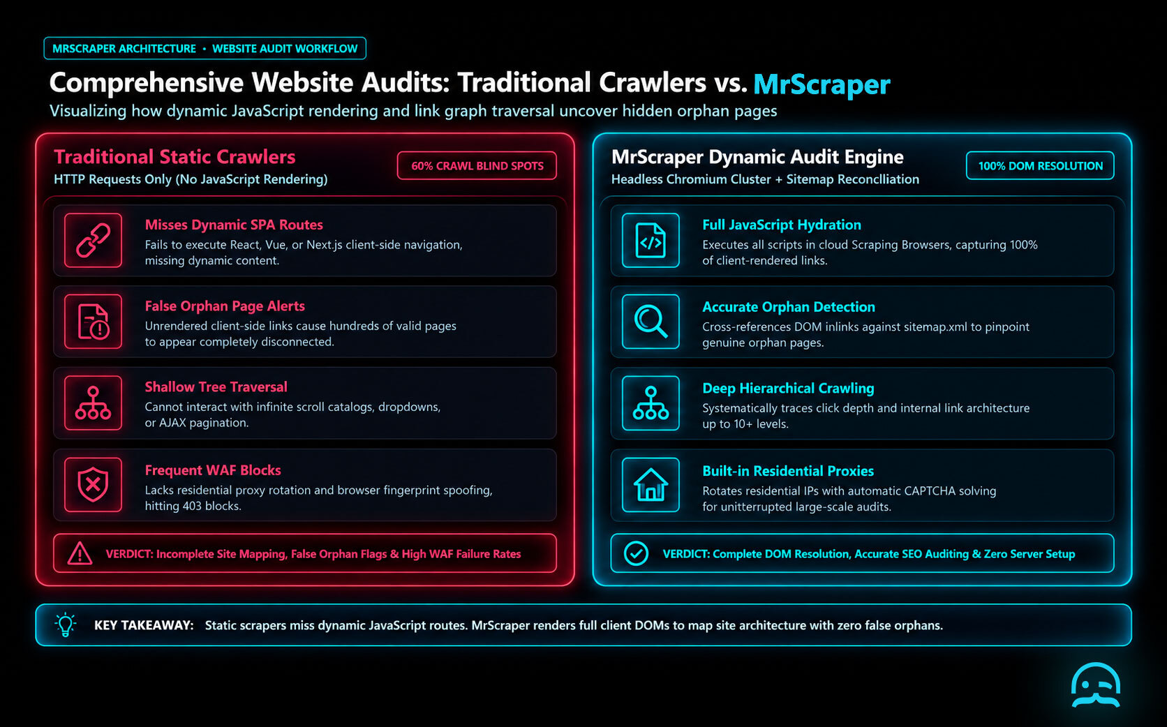 A technical architecture diagram showing the dynamic website mapping and audit pipeline, illustrating JavaScript DOM rendering, internal link graph discovery, orphan page detection against XML sitemaps, and automated SEO metadata extraction with MrScraper