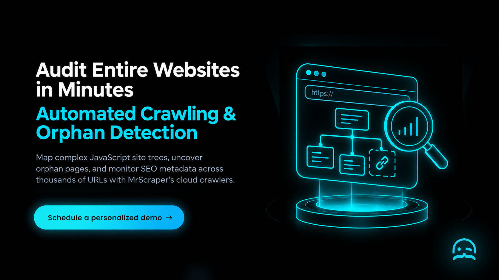 MrScraper website audit and automated domain mapping CTA banner with demo schedule link