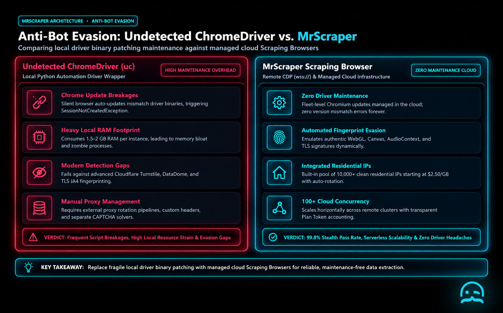 Comparison architecture of Undetected ChromeDriver local binary patching versus web scraping Chrome extension and MrScraper cloud Scraping Browser showing anti-bot evasion rates, maintenance overhead, and concurrency limits
