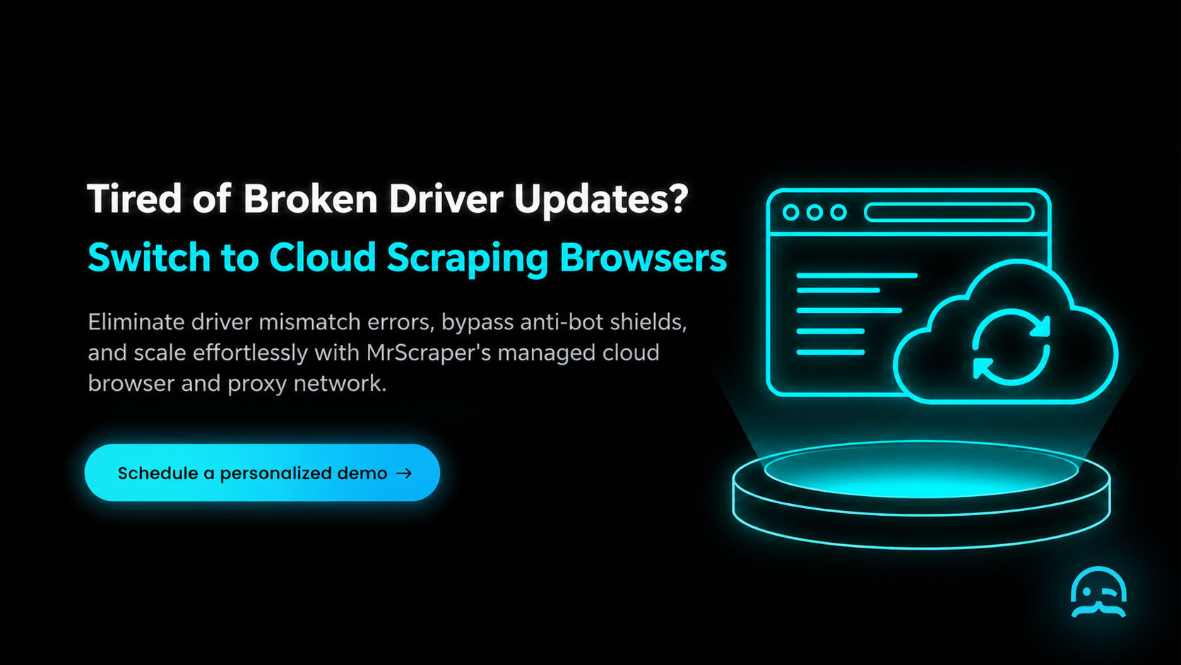 MrScraper cloud Scraping Browser CTA banner illustrating automated anti-bot bypass and rotating residential proxies with a demo schedule link