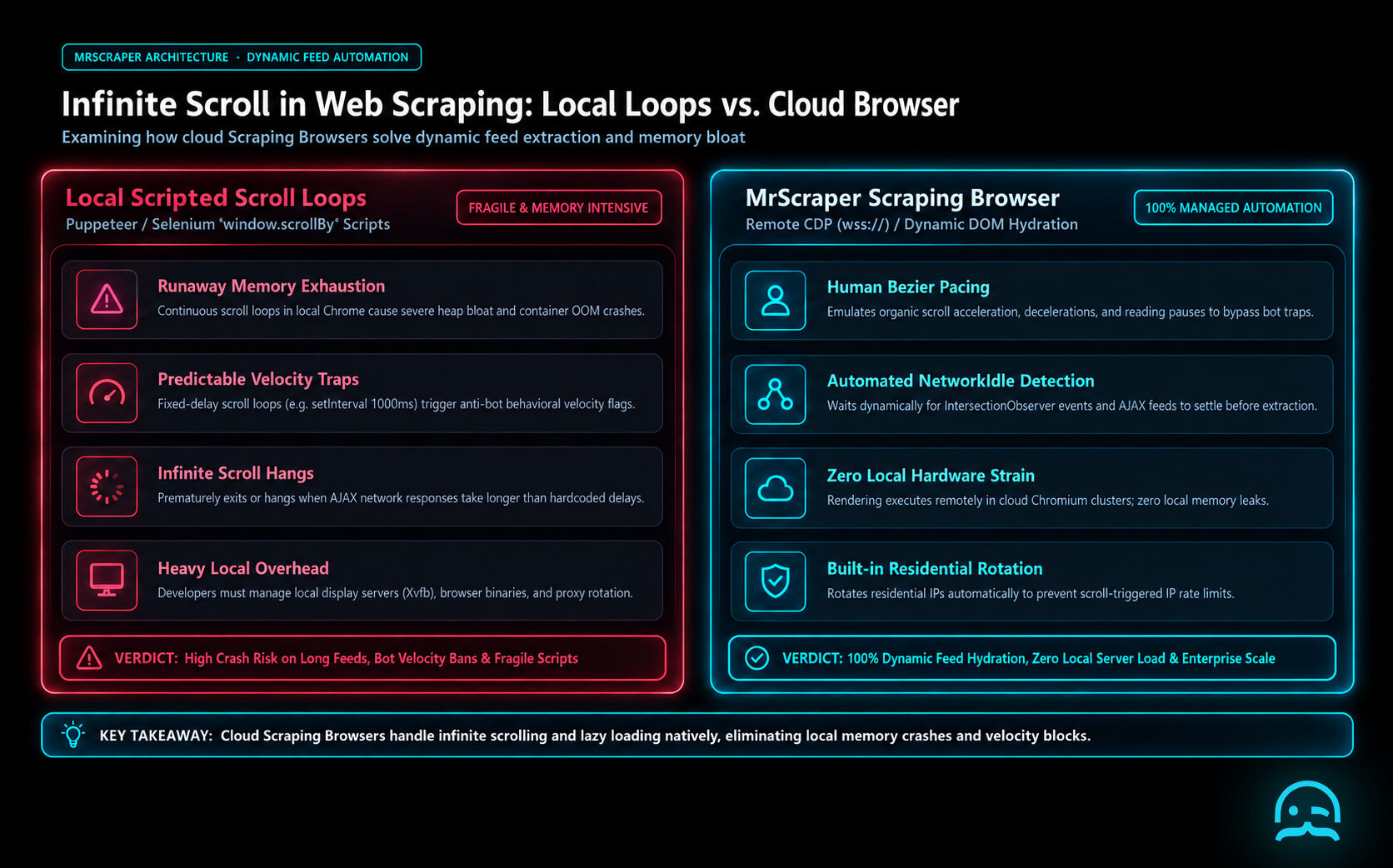 Architecture diagram explaining what is a scraping browser and how does it work for infinite scroll, comparing local Puppeteer script loops with MrScraper cloud browser automated DOM hydration