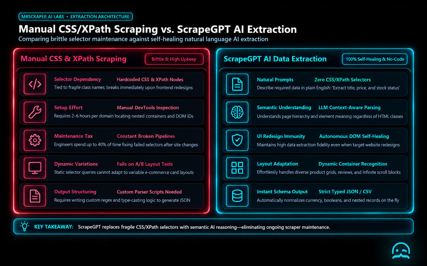 Comparison architecture of manual CSS and XPath selector extraction versus ScrapeGPT AI semantic parsing, detailing selector brittleness, UI redesign resilience, and automated JSON schema delivery