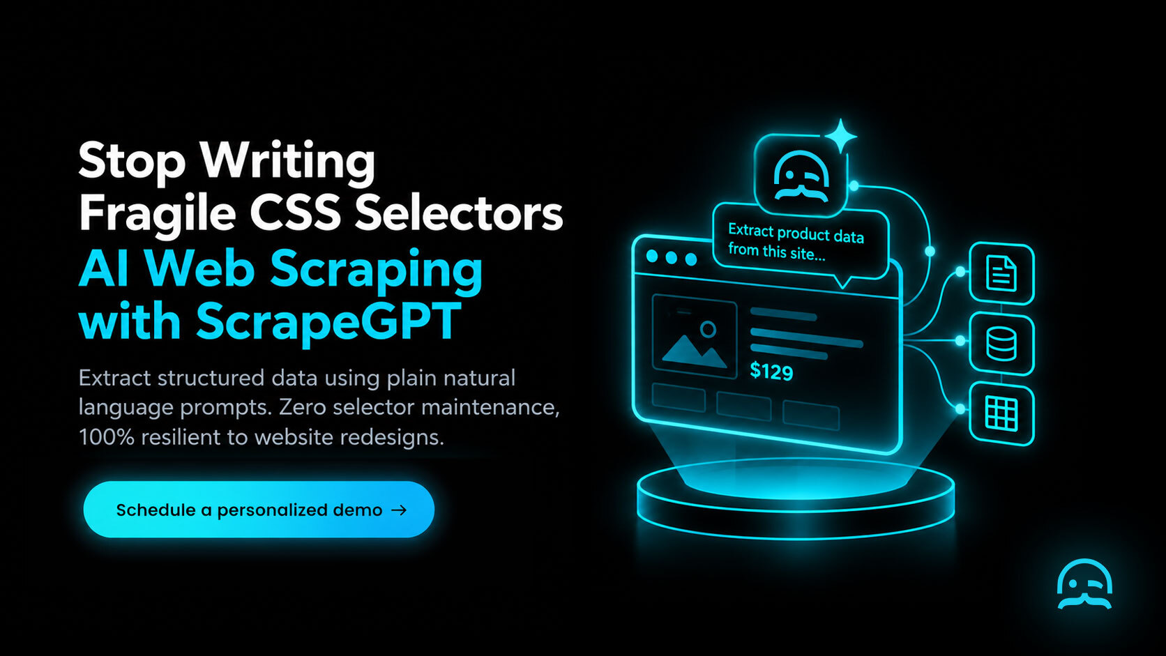 MrScraper ScrapeGPT AI web scraping CTA banner illustrating natural language prompt extraction and self-healing schema output with a demo schedule link