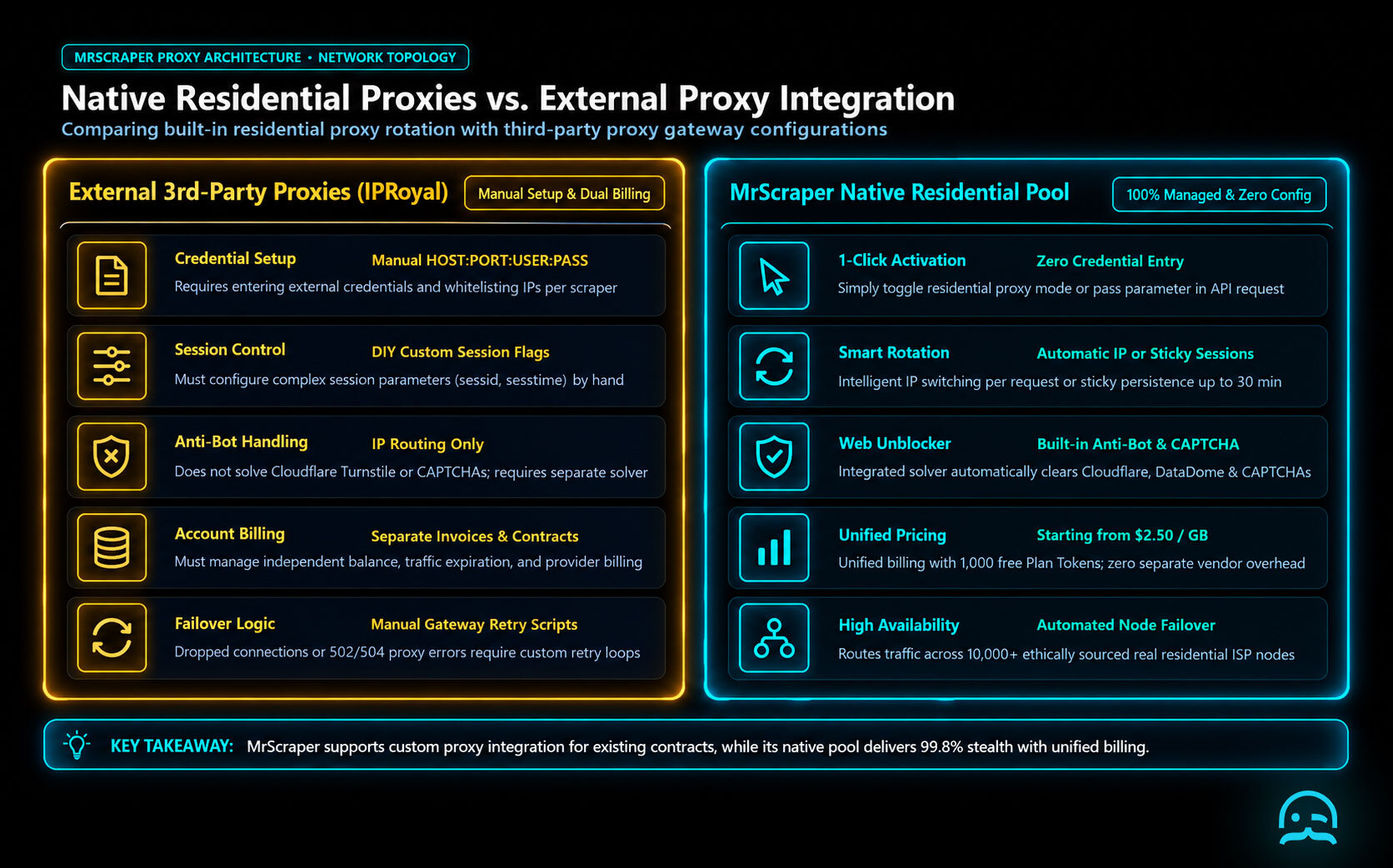 Comparison matrix between MrScraper native residential proxy pool and external proxy provider integration showing setup effort, session control, automated unblocking, and unified pricing