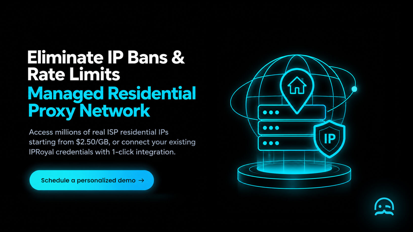 MrScraper residential proxies CTA banner highlighting real ISP node rotation, global geotargeting, and automated CAPTCHA bypass with a demo schedule link