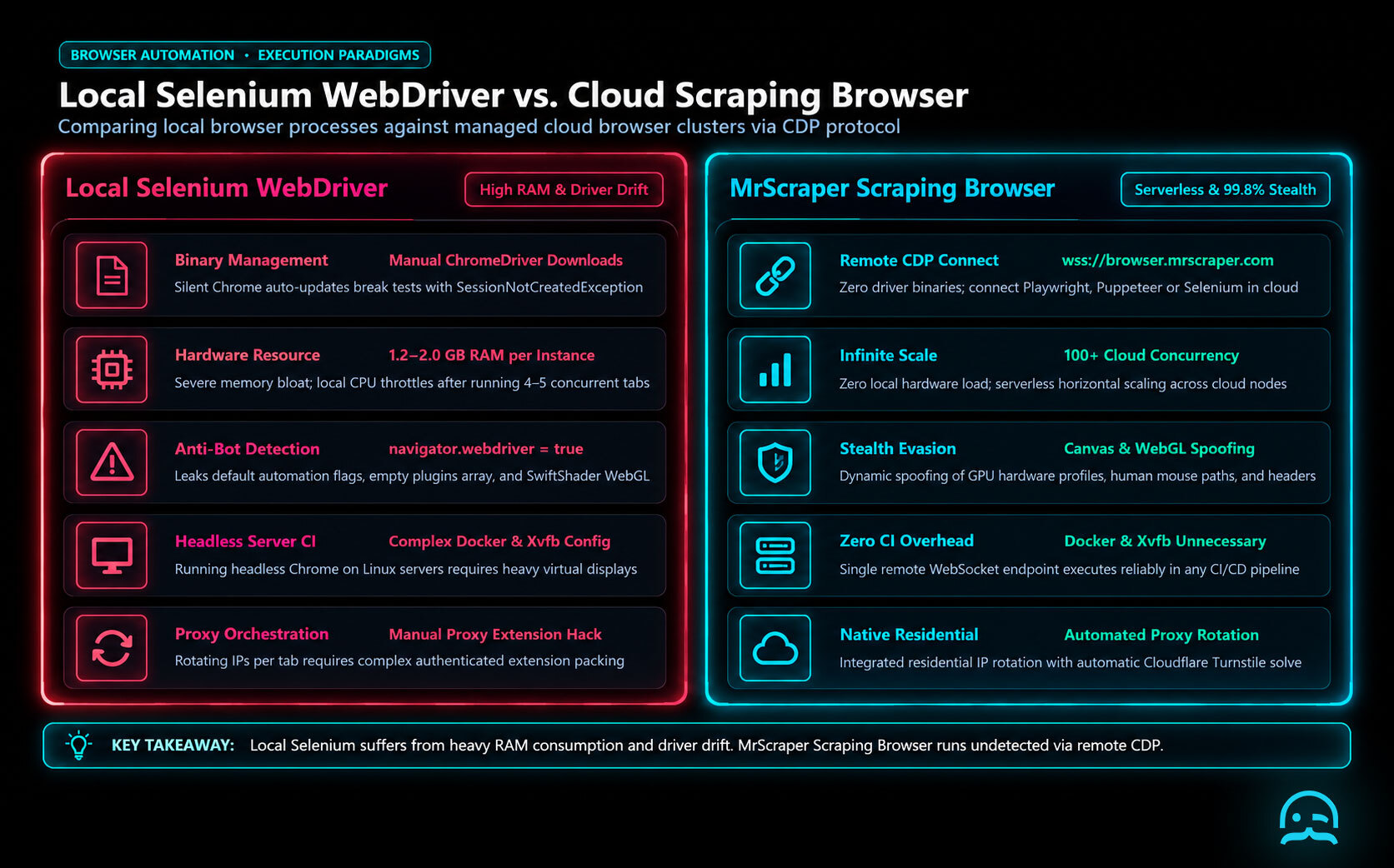 Architectural comparison graphic contrasting local Selenium WebDriver limitations against the MrScraper Cloud Scraping Browser, detailing memory usage, driver management, and anti-bot stealth