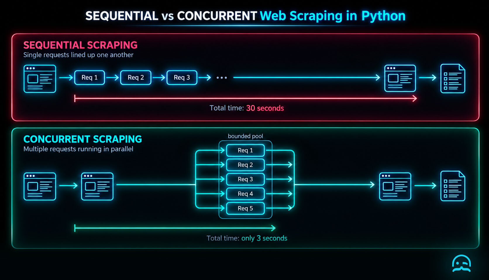 A minimalist comparison showing sequential web scraping in Python taking 30 seconds versus concurrent scraping with a bounded async pool taking only 3 seconds.
