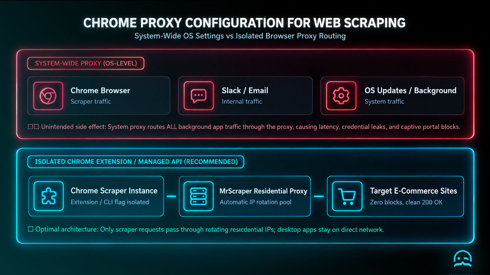 A minimalist architecture diagram comparing system-wide OS proxy settings affecting all applications versus isolated Chrome extension browser proxy routing with MrScraper rotating residential proxies
