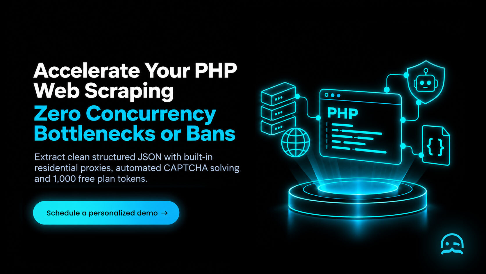 A neon cyan workflow visual showing concurrent PHP scraper requests resolving into clean structured JSON records on a glowing pedestal beside a CTA to schedule a personalized demo.