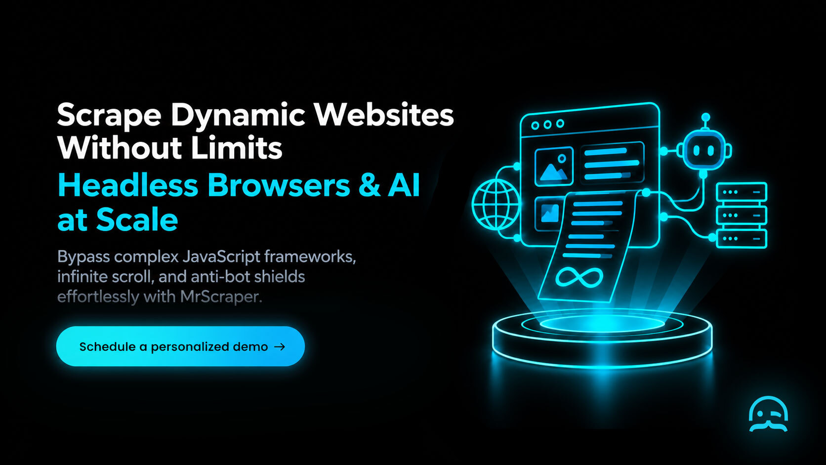 A neon cyan graphic illustrating client-side dynamic DOM nodes resolving into structured records on a glowing circular pedestal beside a CTA to schedule a personalized demo.