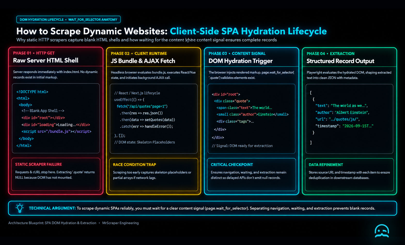 A technical lifecycle diagram showing client-side SPA DOM hydration and the critical wait_for_selector checkpoint required to scrape dynamic websites without empty records.