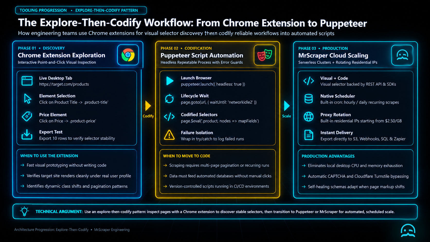 A technical workflow diagram illustrating the explore-then-codify architecture moving from manual Chrome extension visual discovery to automated Puppeteer headless execution.