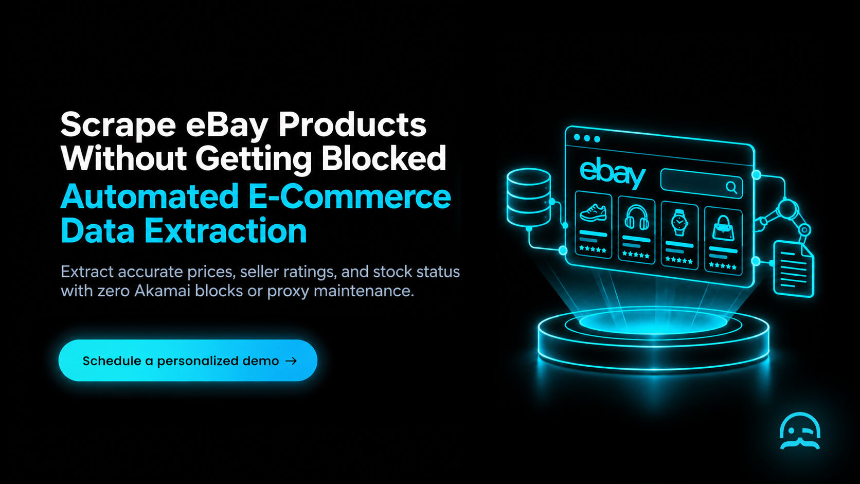 A neon cyan graphic of an e-commerce product card breaking down into verified pricing and inventory records on a glowing pedestal beside a CTA to schedule a personalized demo