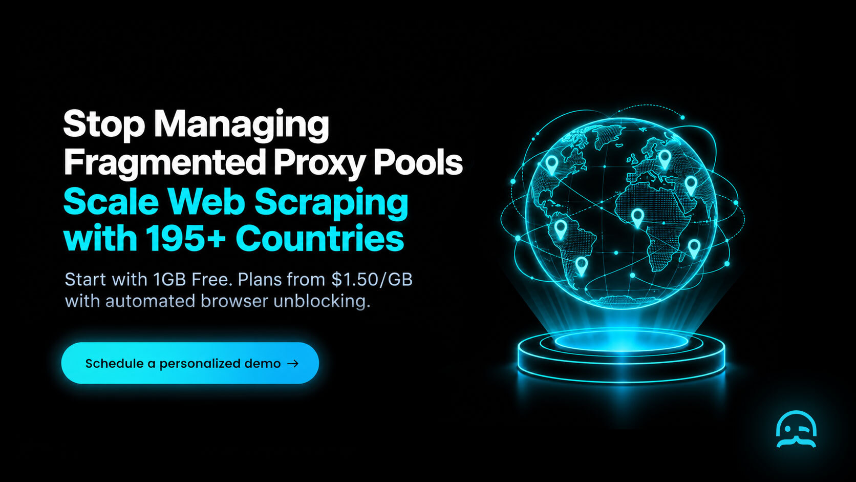 A sleek call-to-action banner showing a glowing cyan holographic globe with interconnected residential nodes, highlighting MrScraper residential proxies with global coverage across 195+ countries.