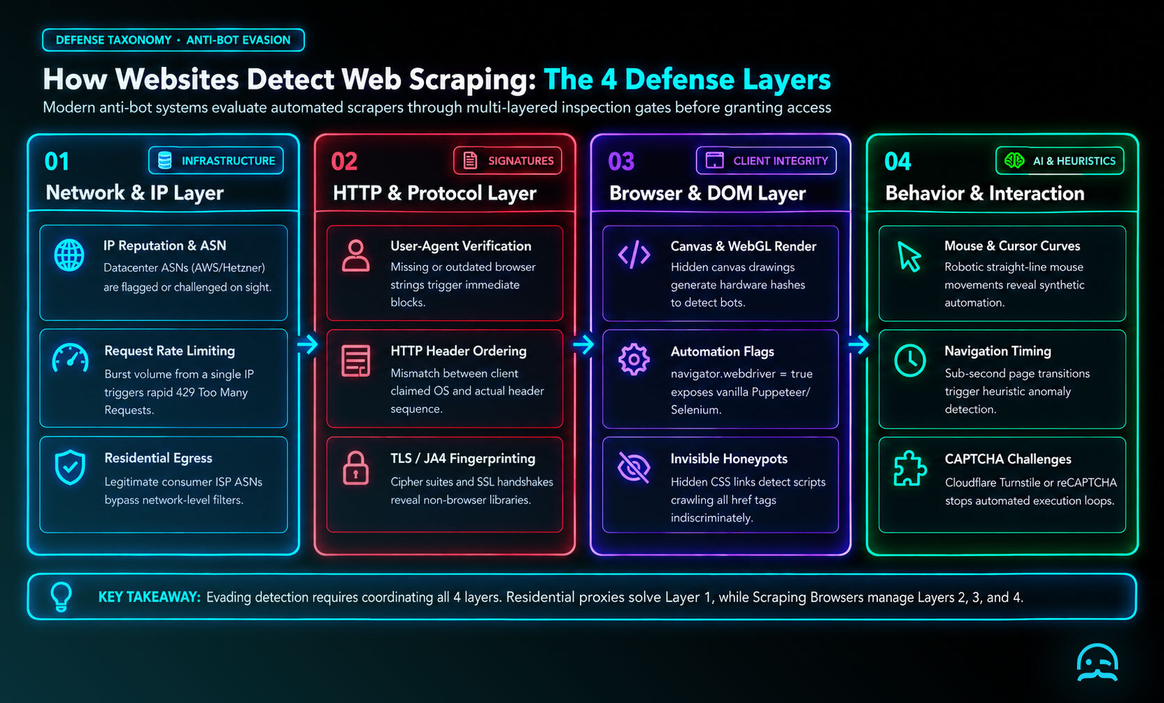 A clean minimalist technical diagram outlining the four defense layers used by modern anti-bot systems to detect web scraping