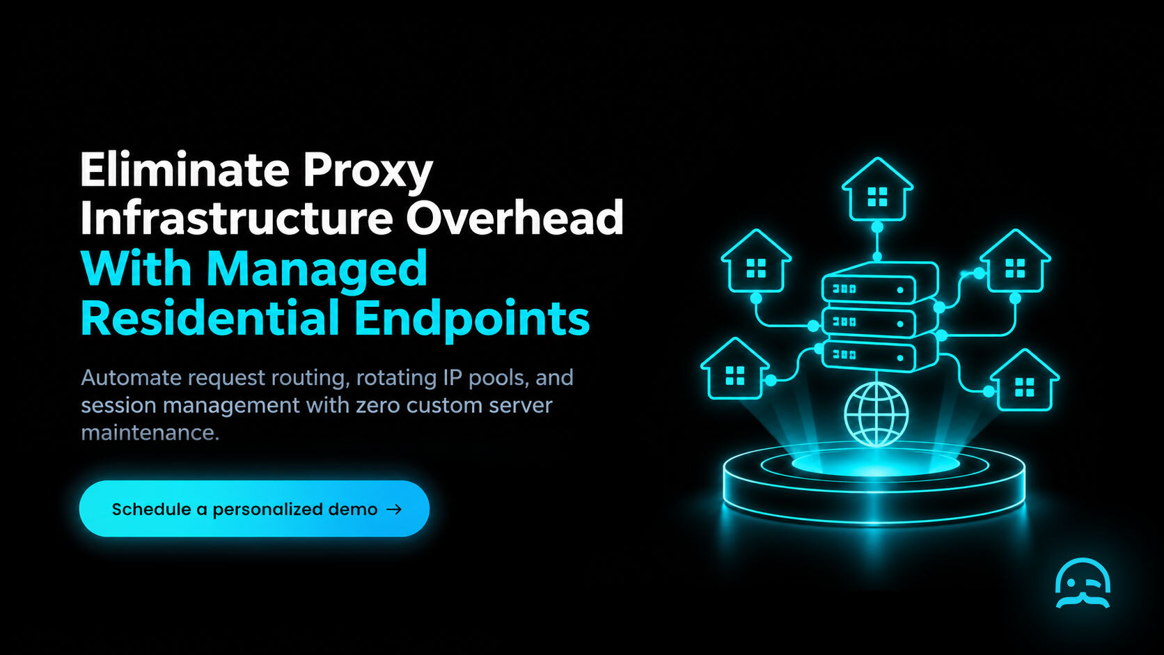 A dark-mode Call-to-Action banner with a glowing cyan wireframe gateway card on a pedestal and a schedule a personalized demo button to manage proxy infrastructure with MrScraper.