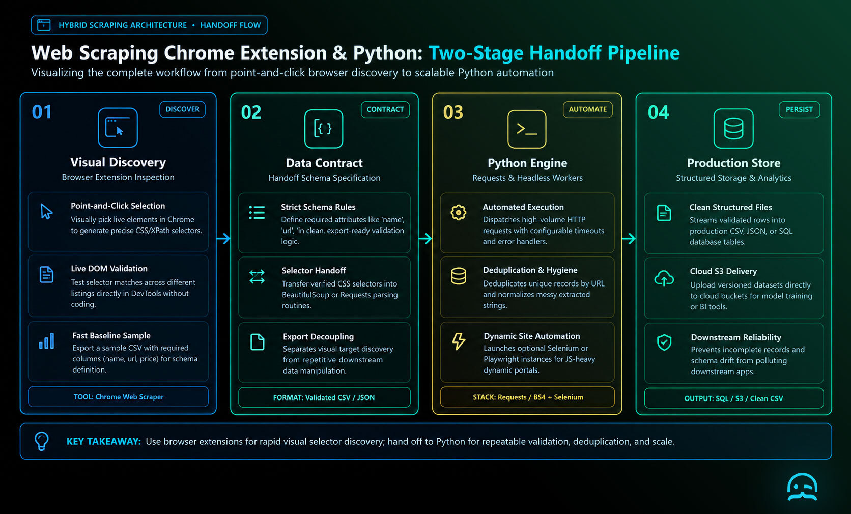 Minimalist architectural flow diagram illustrating the four-stage web scraping Chrome extension handoff workflow, showing browser visual discovery, schema contract definition, Python headless execution, and structured database persistence with vector icons.
