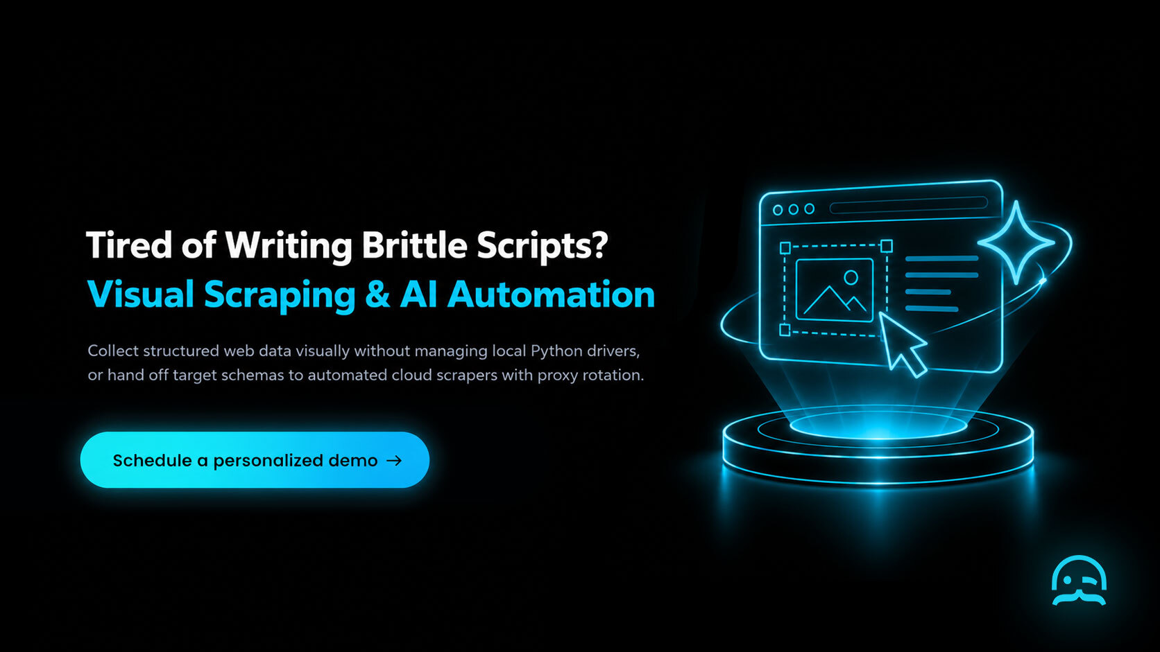 MrScraper visual web scraping Chrome extension CTA banner showing automated point-and-click data extraction, rotating residential proxies, and cloud scheduling with a demo booking button.