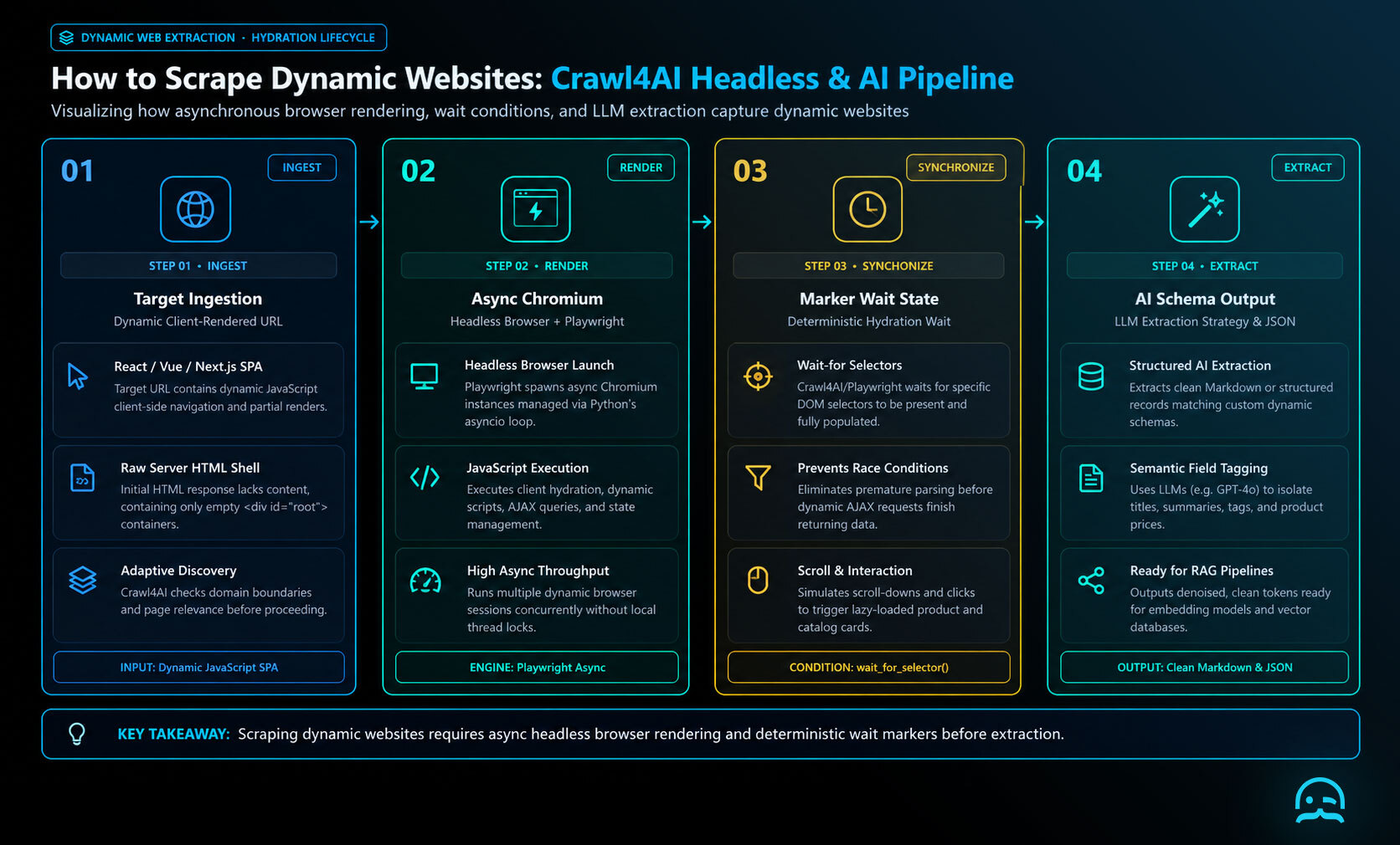 Minimalist architectural flow diagram showing how to scrape dynamic websites with Crawl4AI across four sequential stages: target ingestion, async Chromium execution, deterministic wait synchronization, and AI schema extraction.