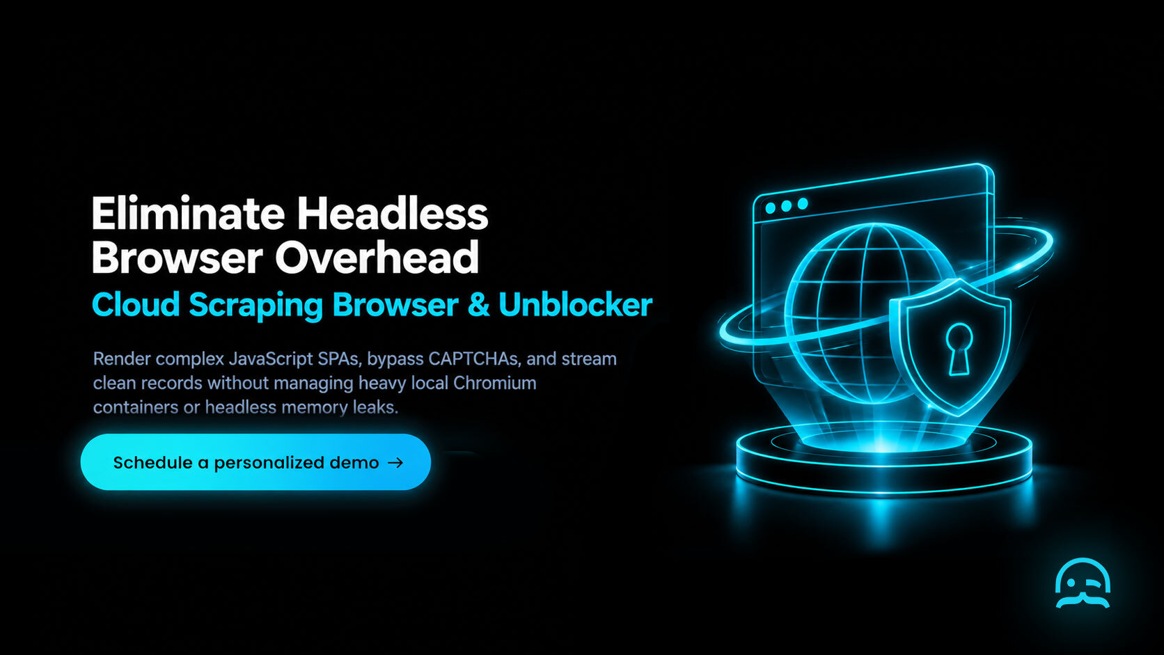 MrScraper cloud Scraping Browser CTA banner illustrating remote CDP connection, automated dynamic JavaScript DOM hydration, and residential proxy rotation with a demo booking link.