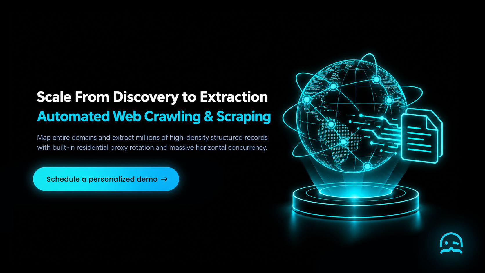MrScraper automated web crawling and fast web scraper CTA banner showing frontier URL discovery, high-concurrency scraping, and residential proxy rotation with a demo schedule link.