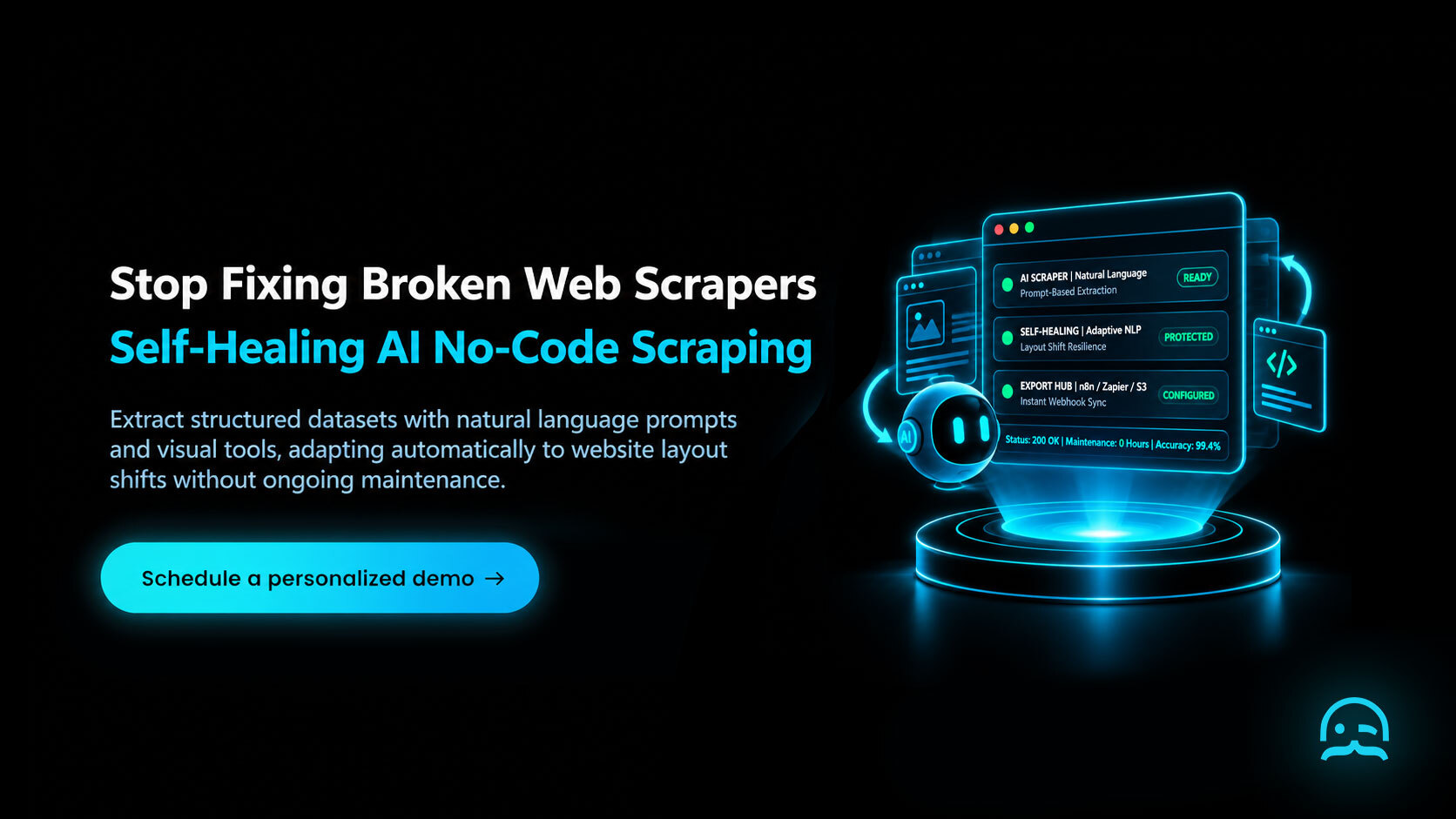 MrScraper AI no-code web scraper CTA banner illustrating self-healing semantic extraction, natural language prompt configuration, and automated scheduling with a personalized demo button.