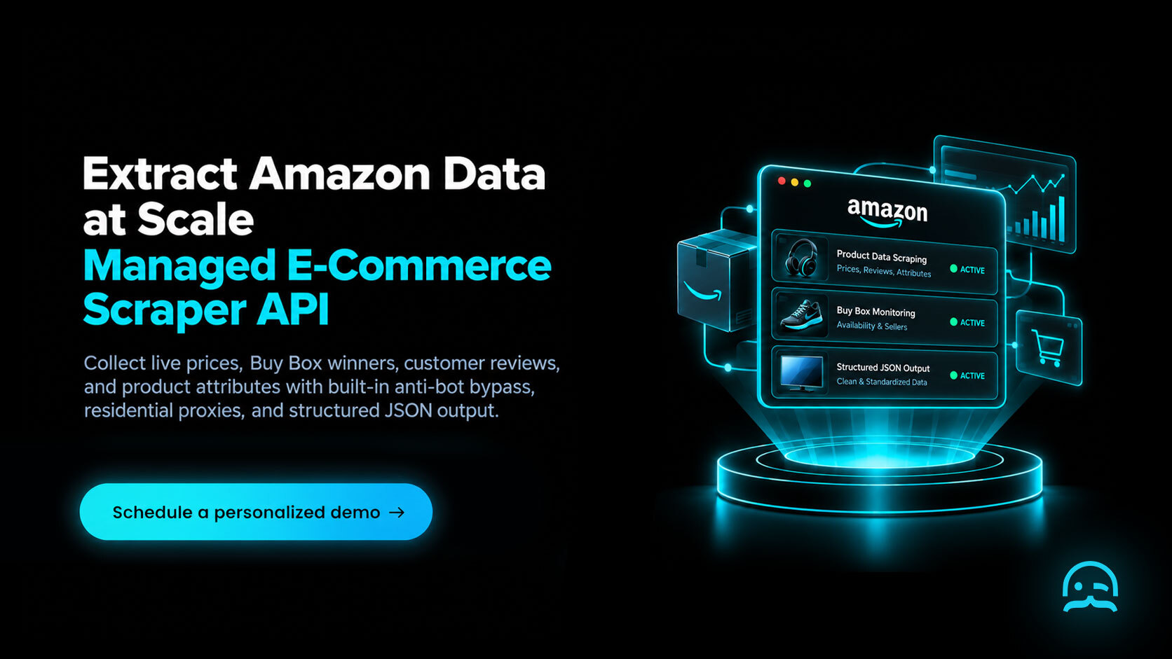 MrScraper managed Amazon Scraper API CTA banner showing automated e-commerce product extraction, AWS WAF bypass, and structured JSON delivery with a personalized demo button.
