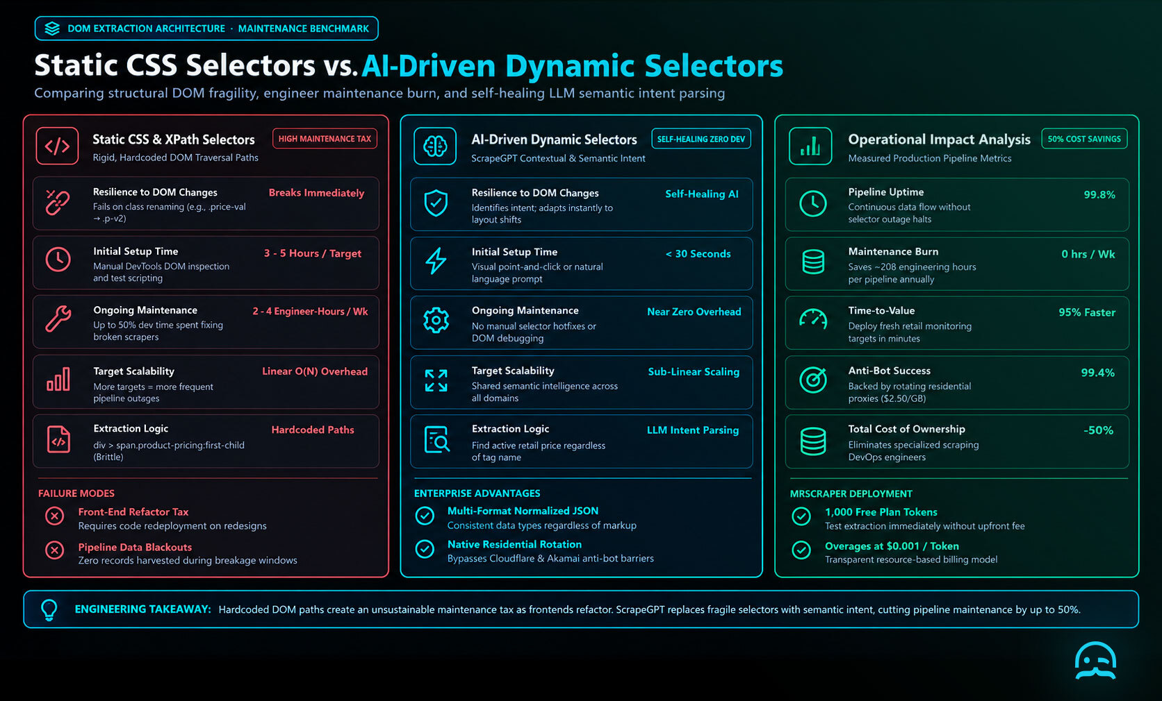 Technical architecture comparison between brittle static CSS selectors and AI-driven dynamic selectors with ScrapeGPT self-healing semantic intent parsing and pipeline ROI impact.