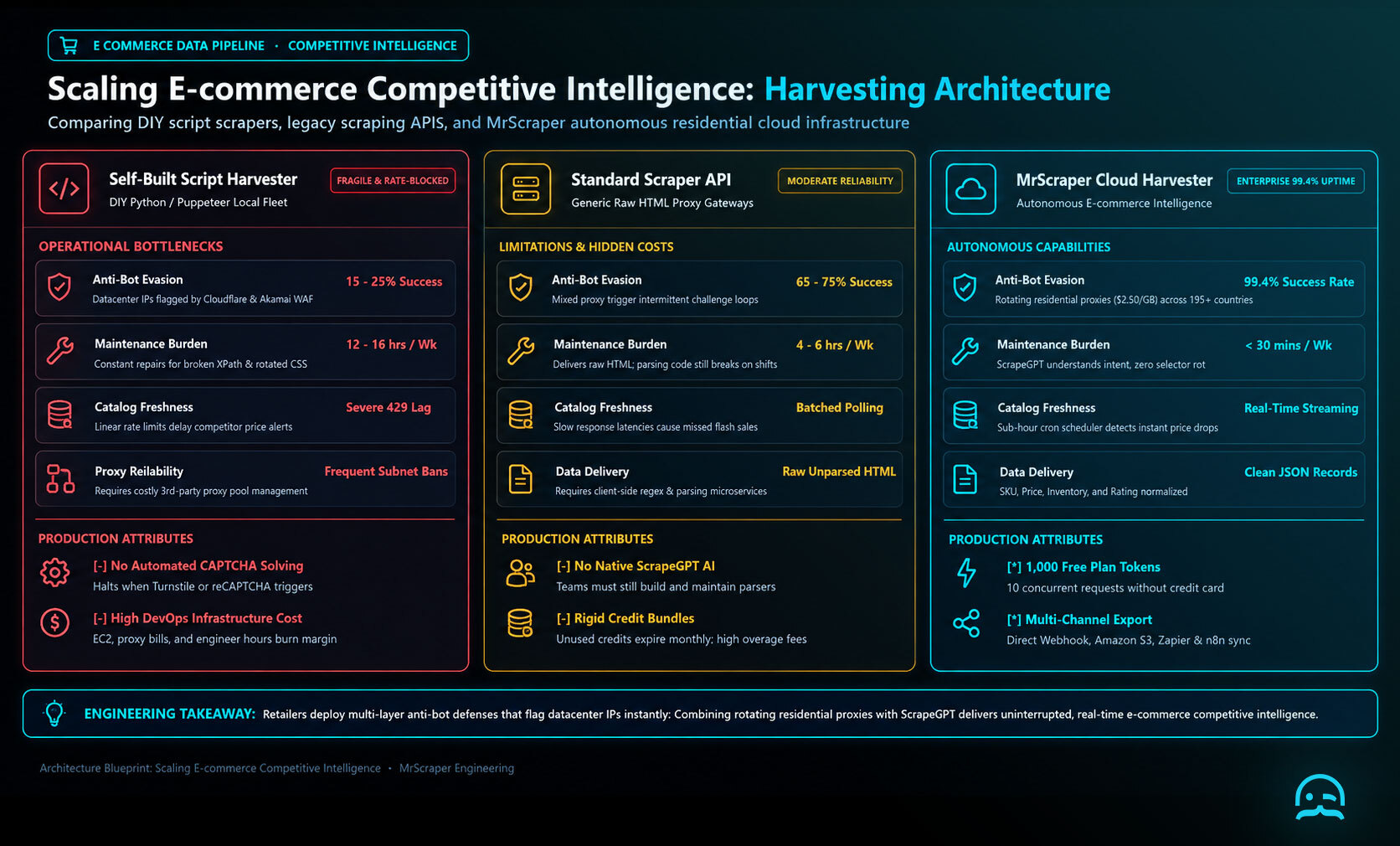 Architecture diagram comparing self-built script harvesters, generic scraper APIs, and MrScraper cloud harvester for e-commerce competitive intelligence and automated retail data harvesting.