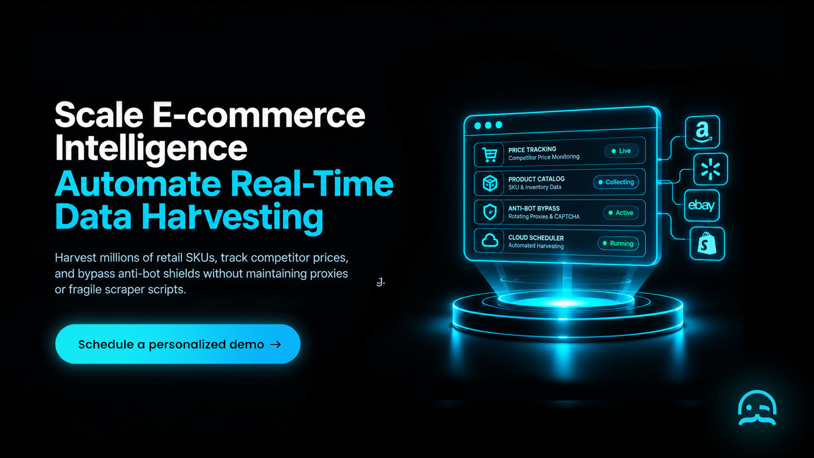 MrScraper e-commerce competitive intelligence and automated data harvesting call to action banner showing multi-store catalog streaming, rotating residential proxies, and a schedule a personalized demo button.