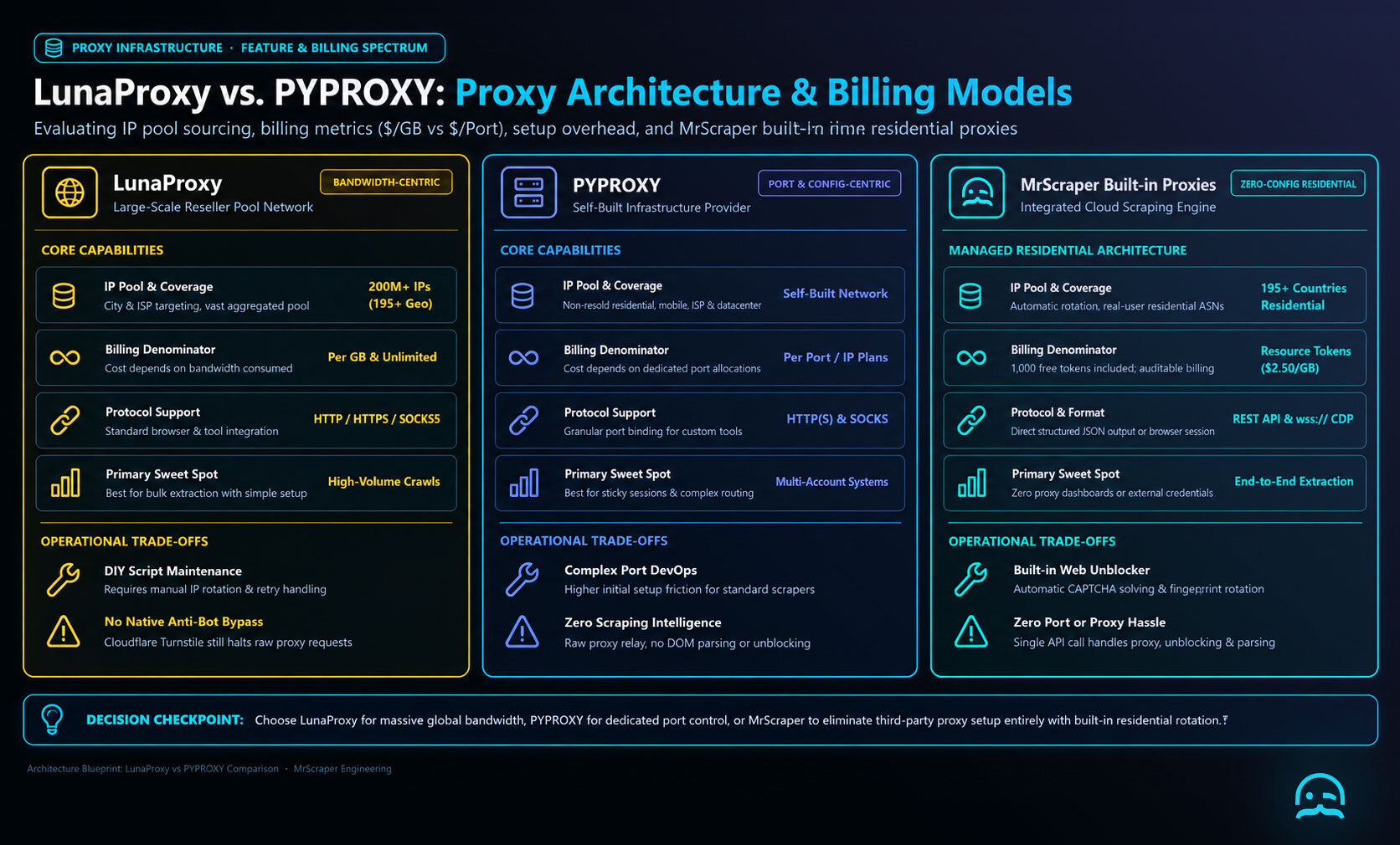 Comparative architecture diagram evaluating LunaProxy, PYPROXY, and MrScraper built-in residential proxies across IP pool sourcing, billing metrics, and anti-bot capabilities.