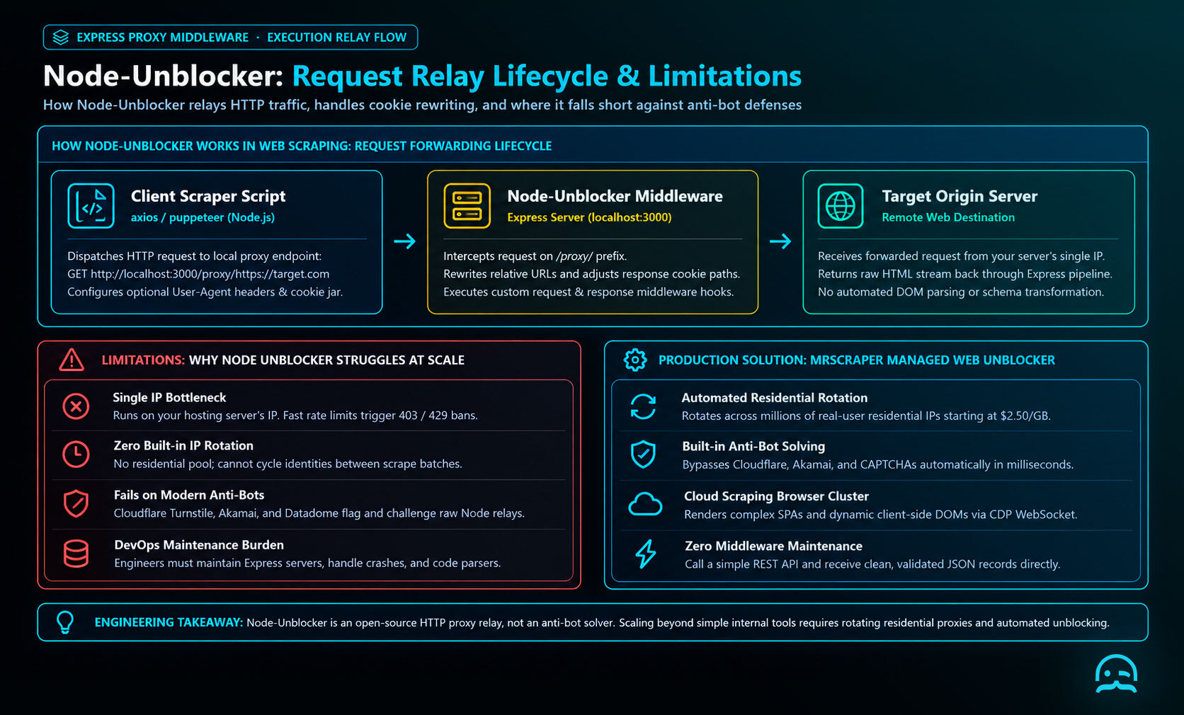 Diagram of Node-Unblocker HTTP proxy request relay lifecycle showing Express middleware URL rewriting and cookie handling contrasted against anti-bot limitations.