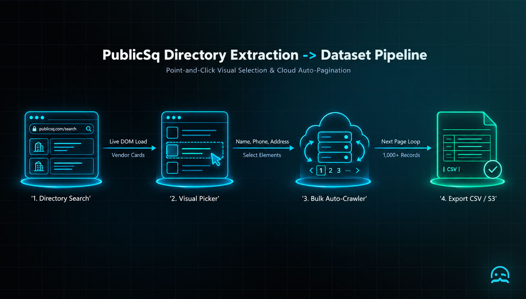 Workflow diagram comparing manual directory copy-pasting against MrScraper visual web scraper automating PublicSq business listing extraction to CSV and S3.
