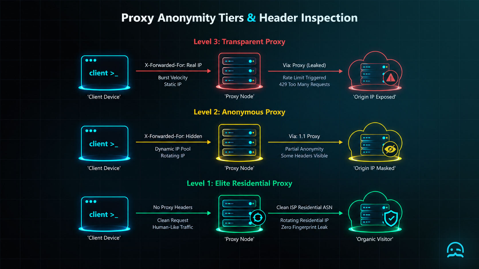Comparison diagram showing transparent proxies leaking origin IP and Via headers versus elite anonymous proxies routing through clean residential networks with zero leaked signatures.