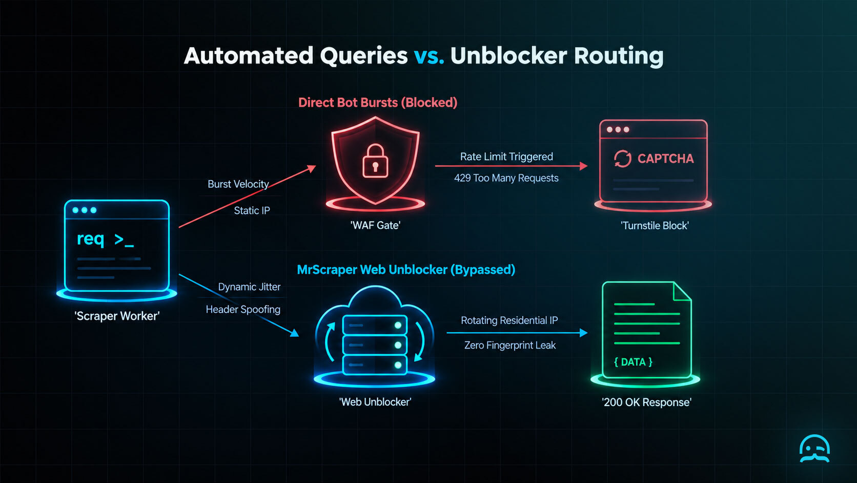 Architectural comparison of direct bot query bursts triggering CAPTCHA challenges versus MrScraper Web Unblocker routing through rotating residential IPs with automated Turnstile solving.