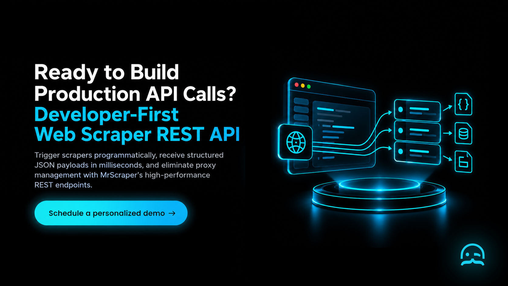 MrScraper developer REST API telemetry card displaying single-endpoint requests, token authentication, and instant structured JSON delivery.