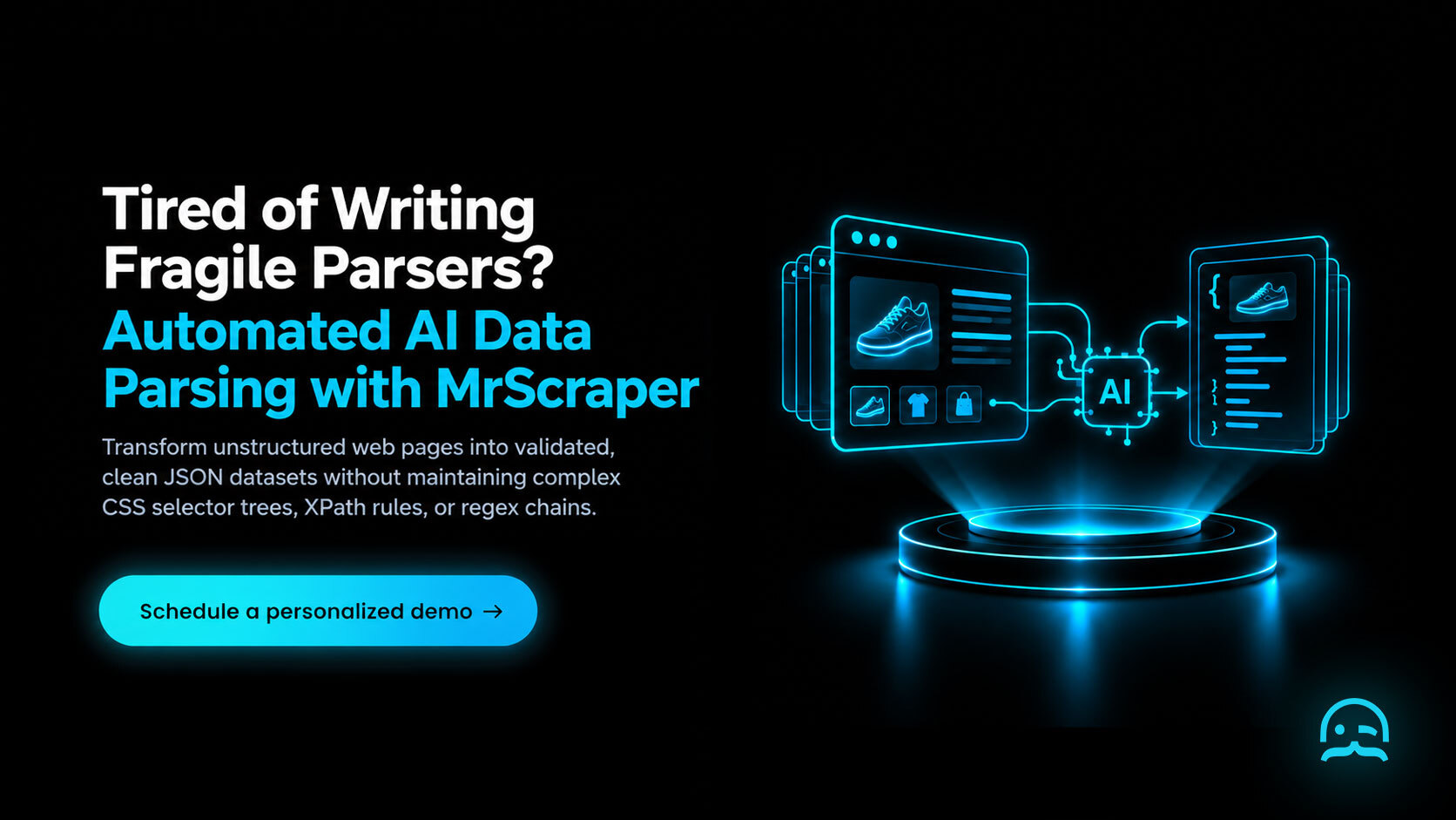 MrScraper automated parsing telemetry card featuring headless DOM parser, ScrapeGPT AI schema extraction, and validated JSON webhook export.