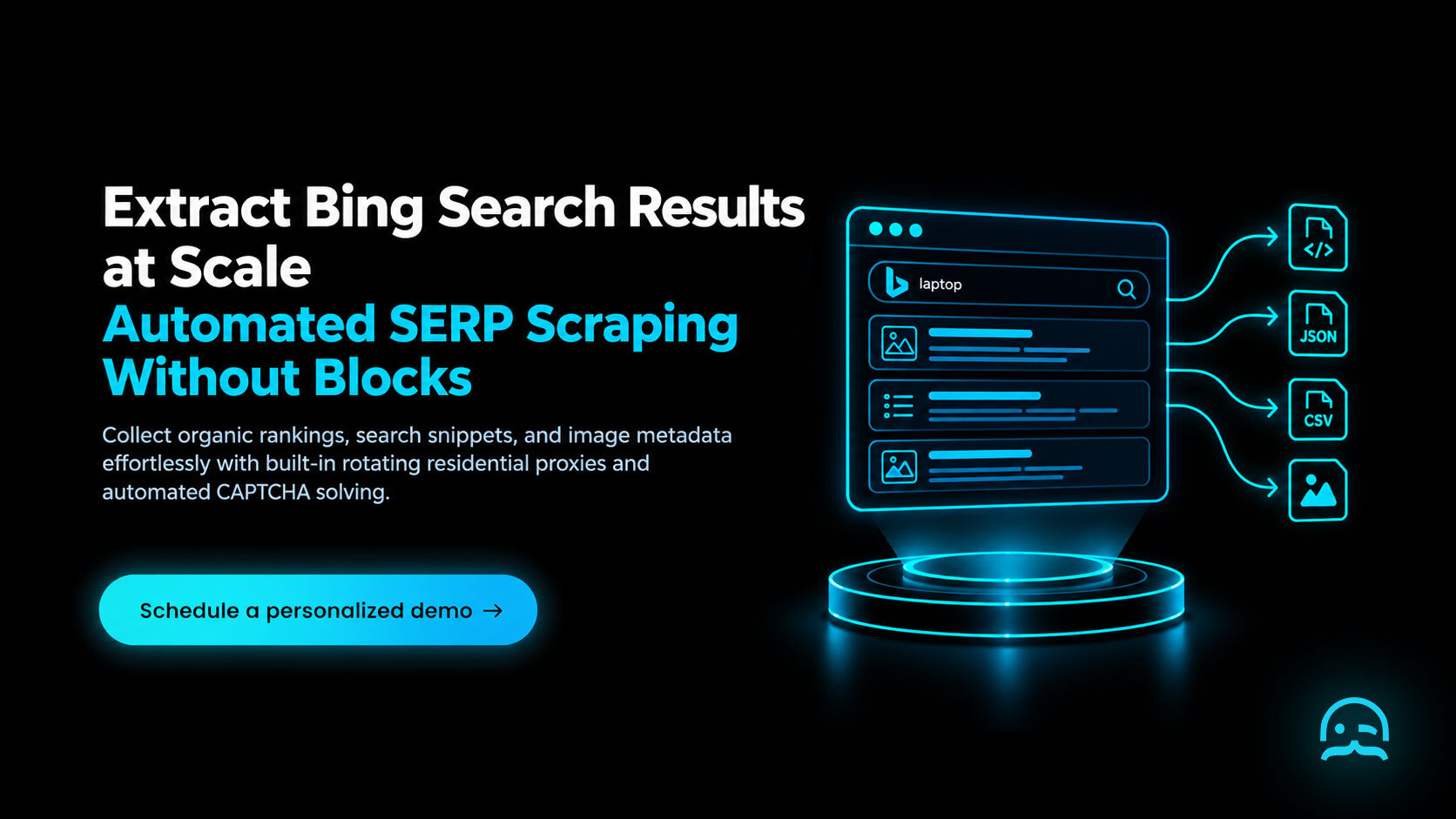 MrScraper SERP scraper telemetry card displaying real-time Bing search extraction, rotating residential proxy pool, and structured ranking schema output.